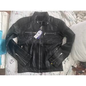 NWT BLACK LAMB LEATHER MOTO RACER JACKET W/ FLEECE LINING L